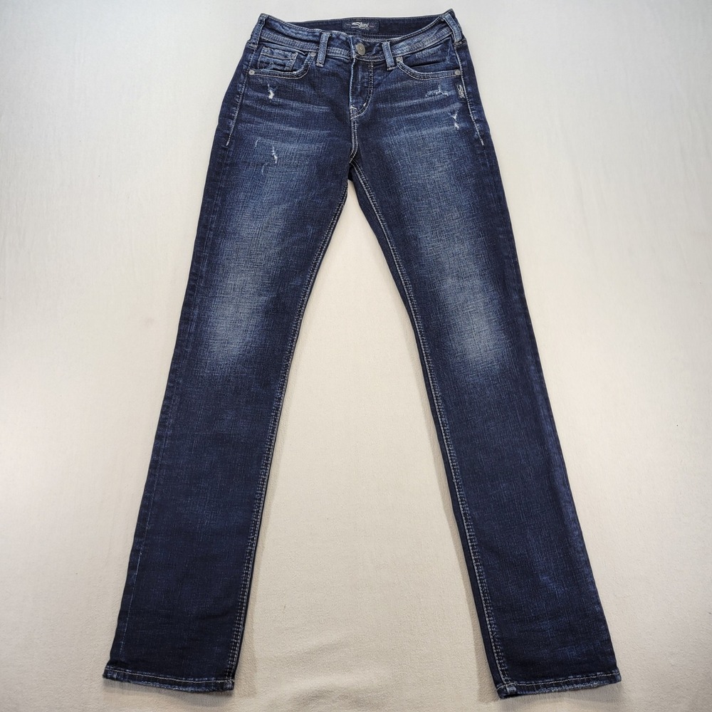 Silver Jeans Avery Straight Women 27 Blue Mid Rise Dark Wash Stretch Denim